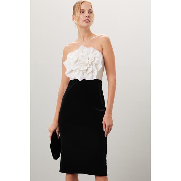 Badgley Mischka White Rose Black Velvet Two-Tone Strapless Cocktail Dress 0 - Picture 1 of 13
